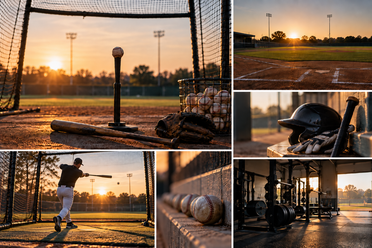 Baseball training scenes at golden hour showing an empty batting cage, equipment, a hitter, baseballs, an empty field, and a weight room representing the work nobody sees.