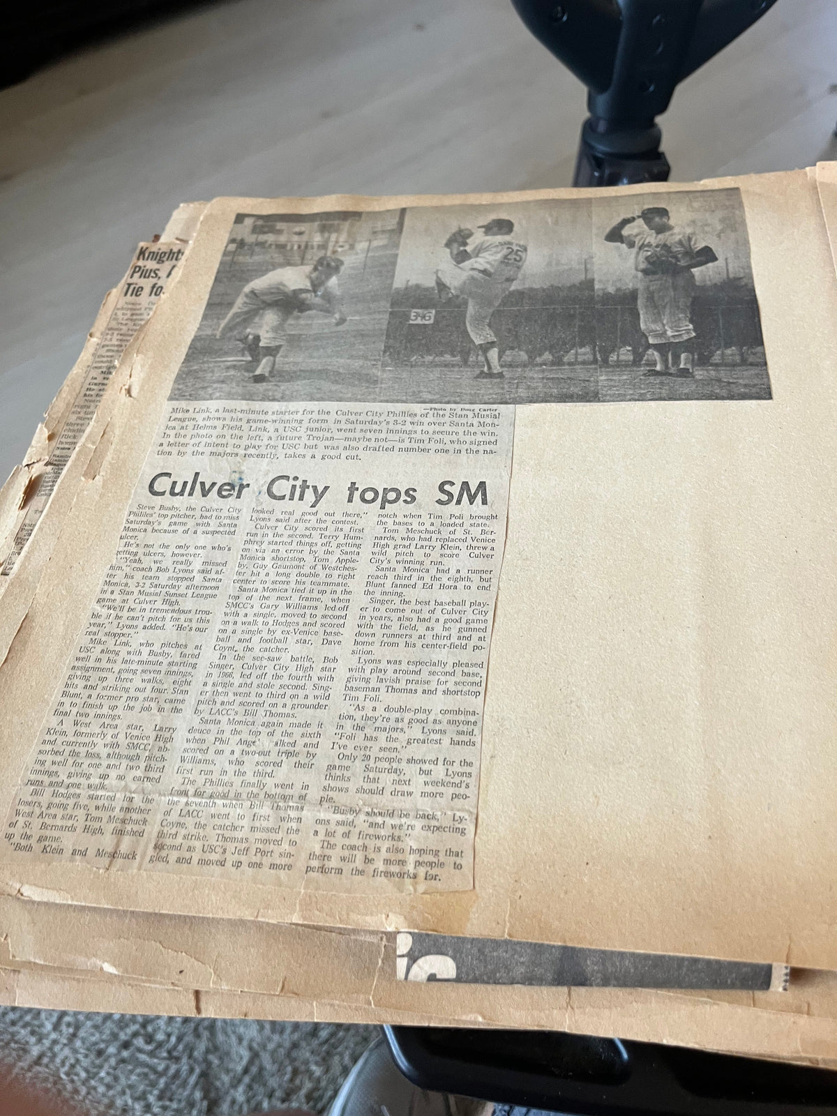 Mike Link pictured in a Culver City Phillies newspaper clipping from the Mike Link Digital Archive.